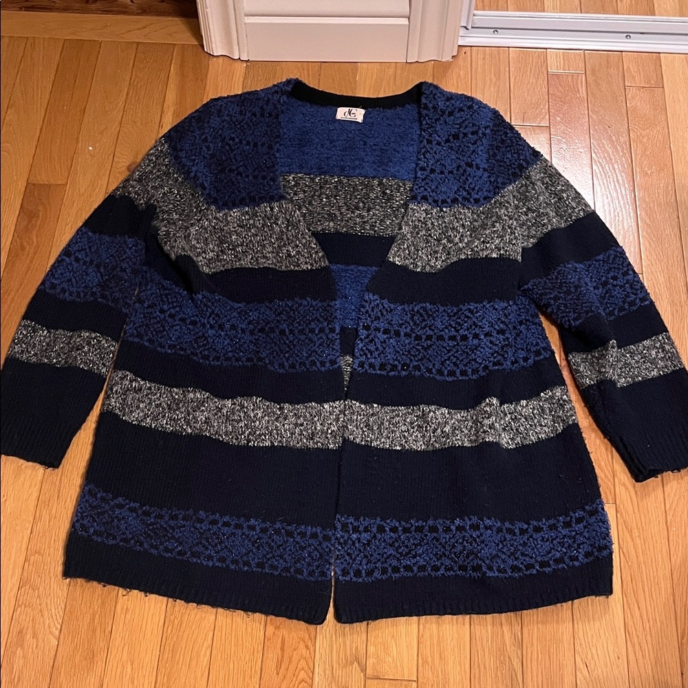 Blue and grey shimmery striped knit cardigan